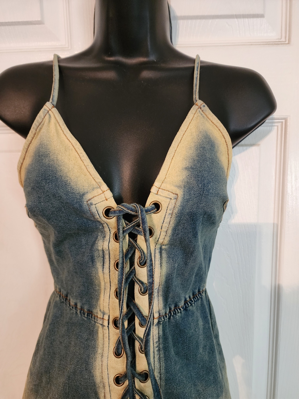Blue Ombre Faded Denim Lace Up Front Romper - Picture 3 of 4